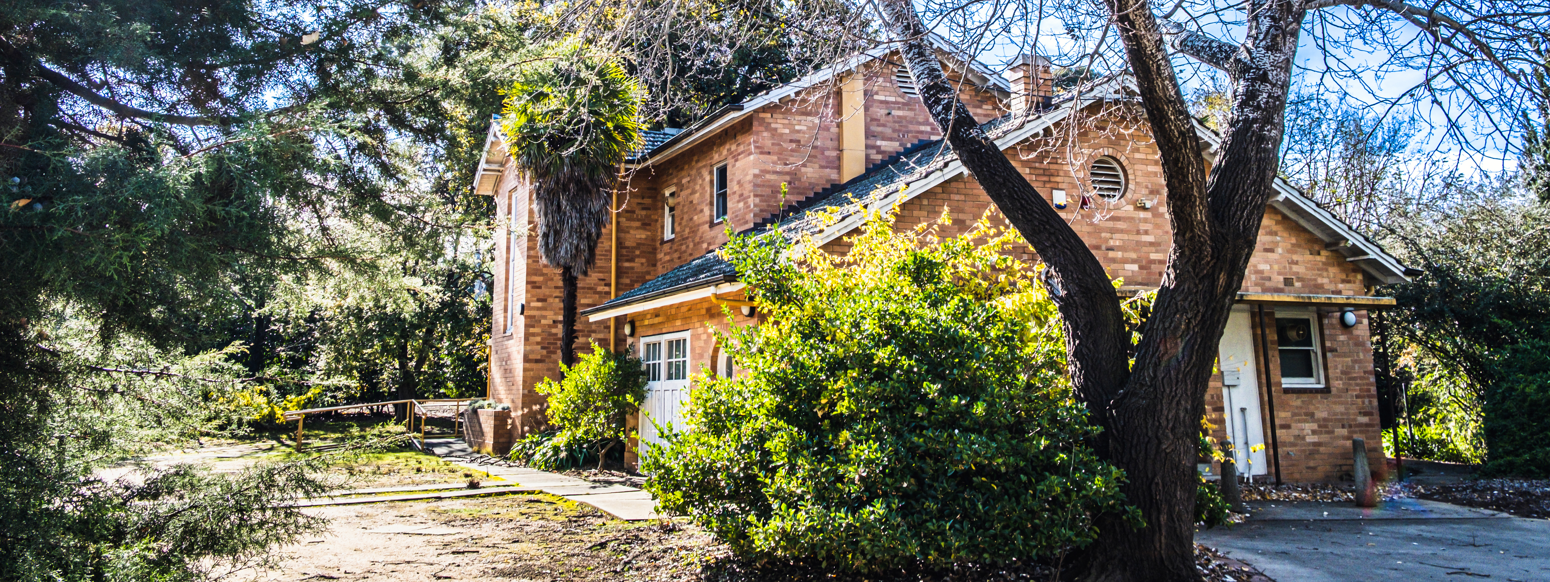 Mid-century style, two-story brick house surrounded by established gardens, large trees, bushes and grass with blue sky peeping through the branches