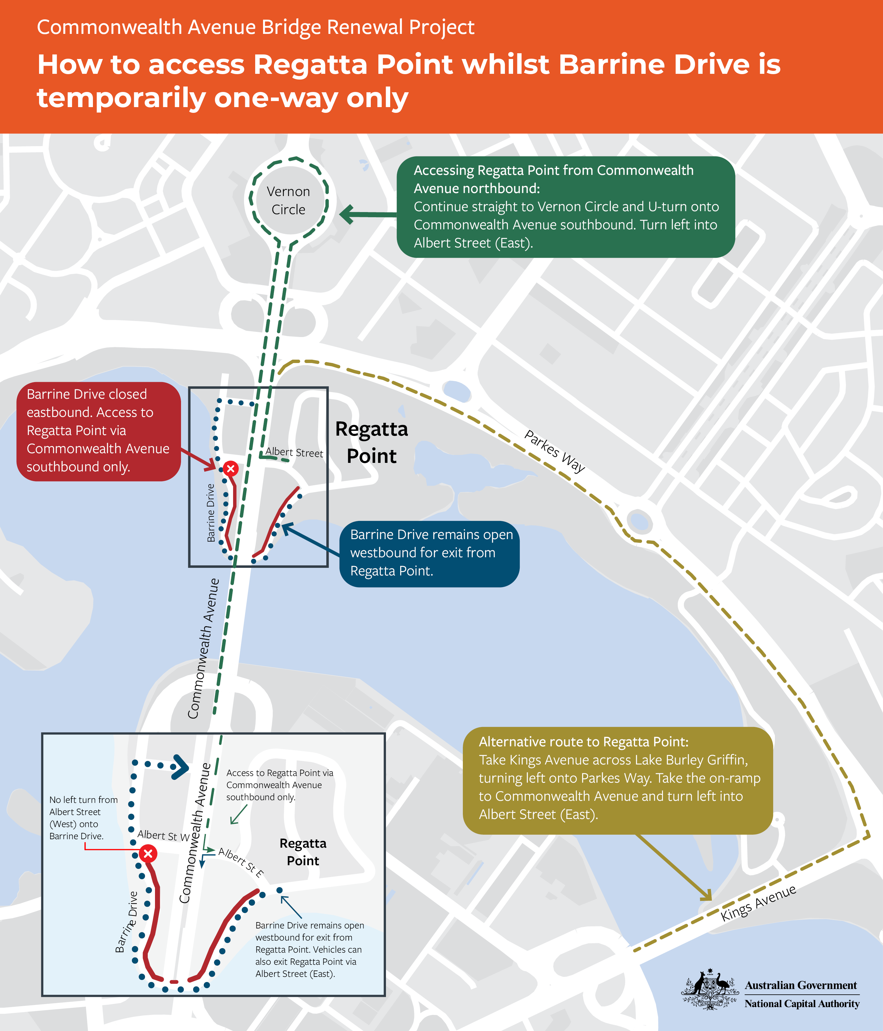 From Thursday 30 April 2026, Barrine Drive will be reduced to one lane/direction (east to west) between Albert Street (East) and Albert Street (West).