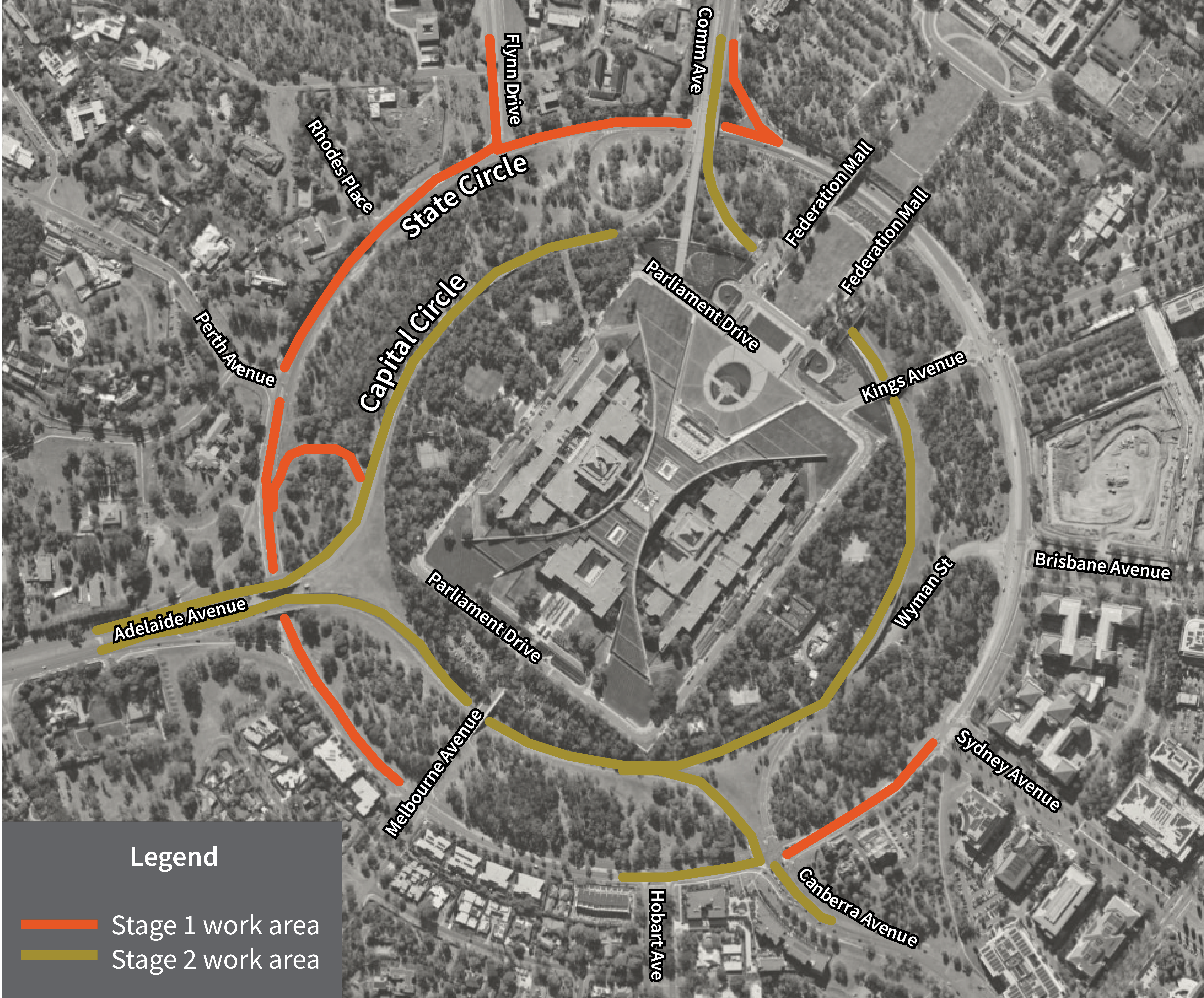 Sections of State Circle and Capital Circle will be closed for nightworks from 21 June 2026 for road resurfacing activities.
