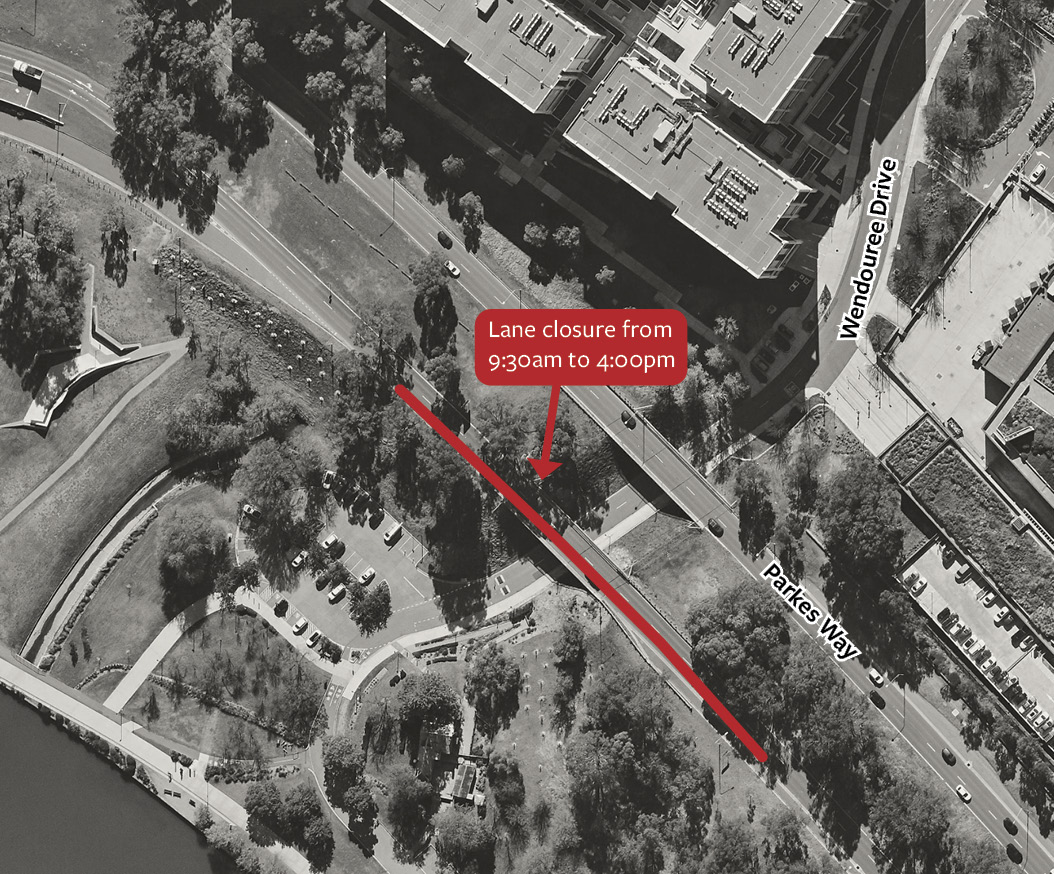 One eastbound lane of Parkes Way will be closed on approach to Anzac Parade for road maintenance works on Monday 27 or Tuesday 28 July 2026 from 9:30am to 4:00pm (weather permitting). 