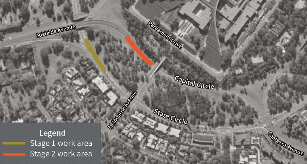 There will be temporary lane closures on sections of State Circle and Capital Circle between Adelaide Avenue and Melbourne Avenue on Thursday 30 and Friday 31 July 2026 from 9:30am to 4:00pm (weather permitting).