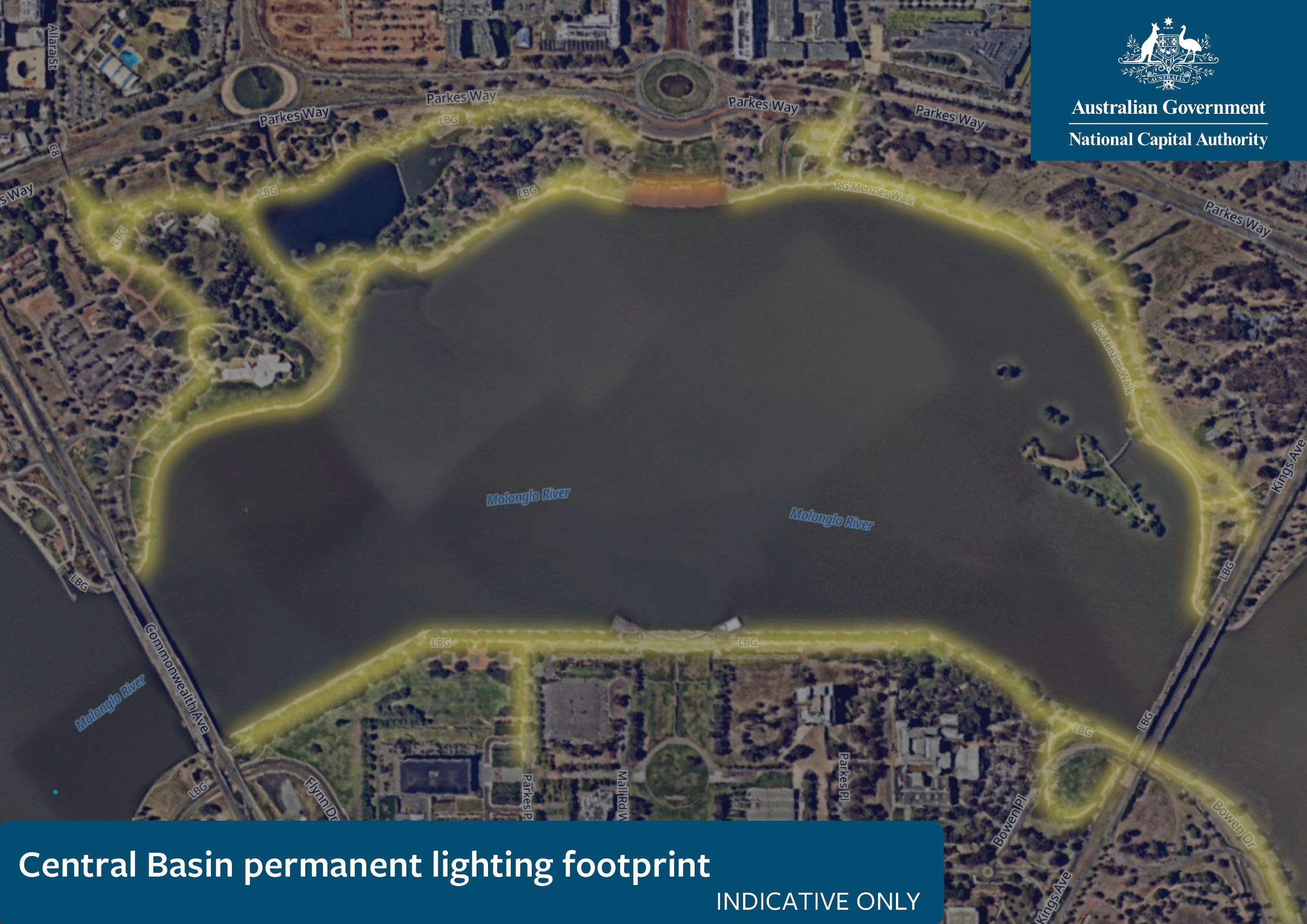 This image shows the indicative footprint for the preliminary design phase of the Central Basin permanent lighting project. It includes the primary lakeshore paths as well as the main 'secondary' paths which lead to the foreshore path.