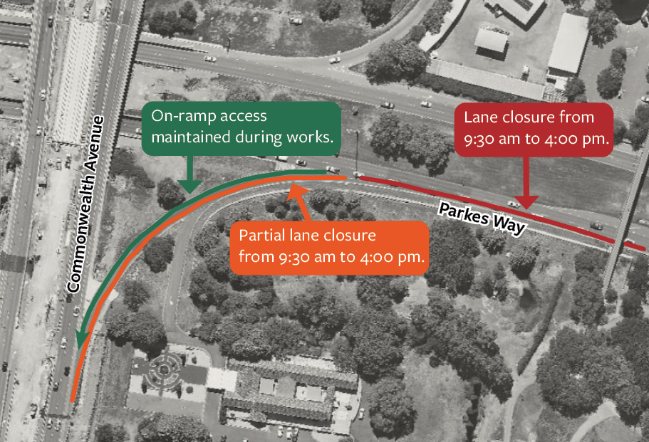 This map shows the section of Parkes Way westbound between Coranderrk Street and the on-ramp to Commonwealth Avenue which will have lane and shoulder closures to allow graffiti removal activities to be completed safely.