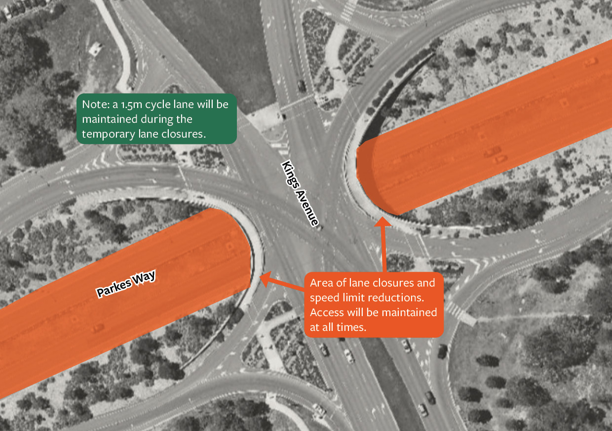 This map shows the sections of Parkes Way that will see lanes closed to safely allow light and handrail maintenance to be completed.
