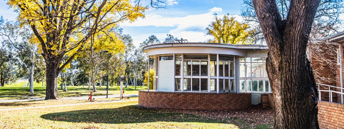 Photo of a wing of a building, round in shape, with windows all around  and a brick base, surrounded with large trees with leaves coloured for autumn and which are also littering the ground all around on the green grass, with a blue sky
