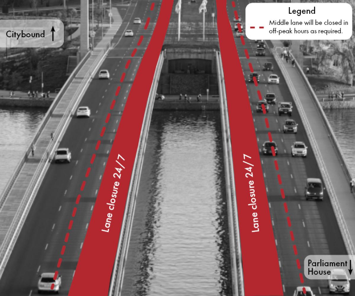 Diagram is indicatively showing the right lanes (beside the median in both directions) and the middle lanes planned for closure.
