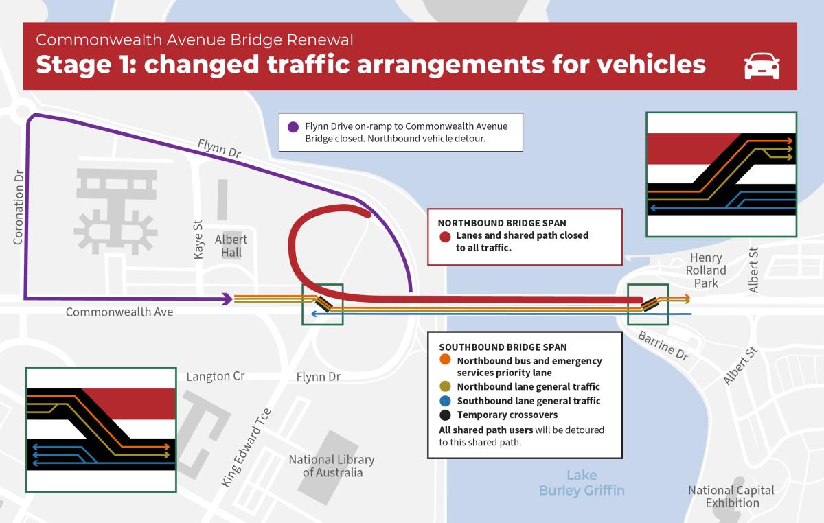 Changed traffic arrangements for the first stage of the Commonwealth Avenue Bridge Renewal Project