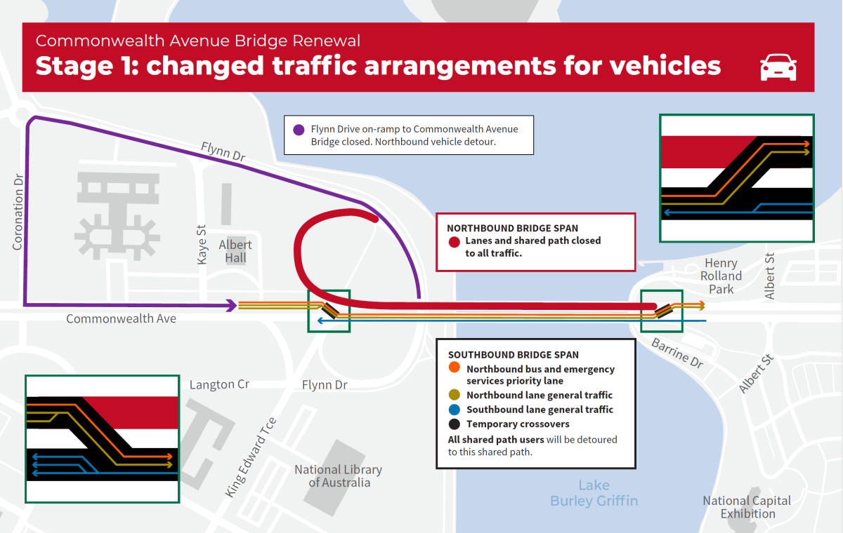 Changed traffic arrangements for the first stage of the Commonwealth Avenue Bridge Renewal Project