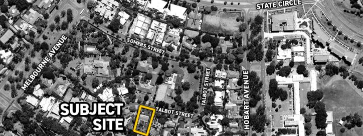 Black and white aerial view of block 2 section 7 Forrest ACT subject site 