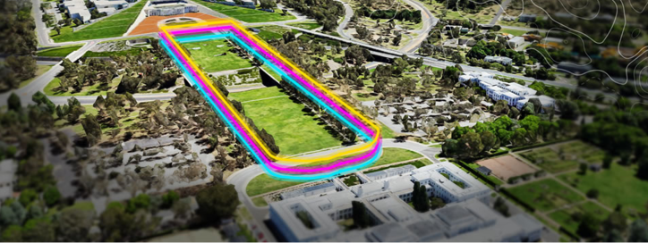 Birdseye view of Federation Mall highlighted to show running track