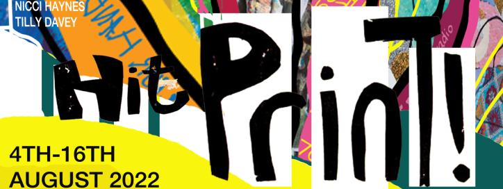 Colourful abstract art featuring the event title "HIT PRINT" and event details.