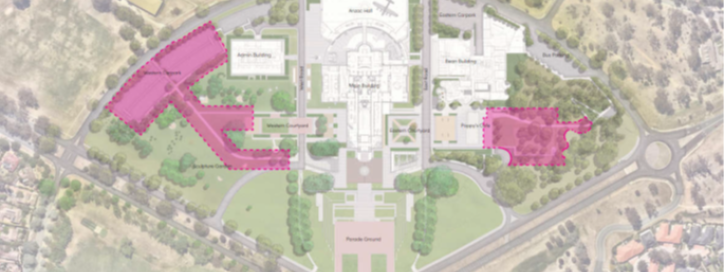 Aerial view of Australian War Memorial with areas highlighted to indicate location of planned works