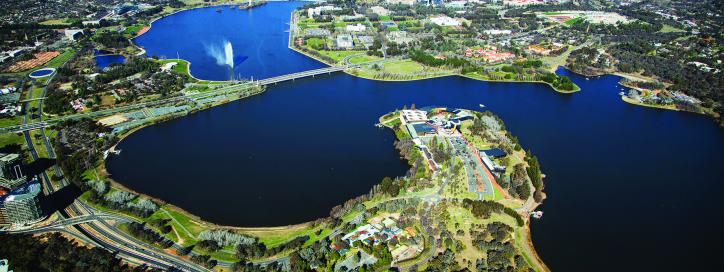Aerial view of section of the National Triangle land and Lake Burley Griffin