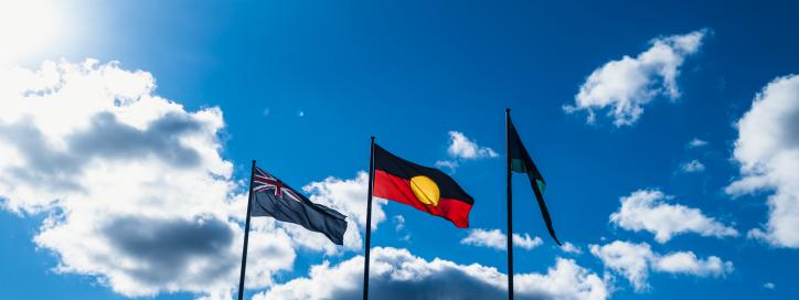 Trio at flags at Rond Terrace against a blue sky