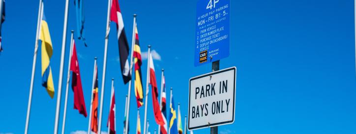Flags and a parking meter against a blue sky