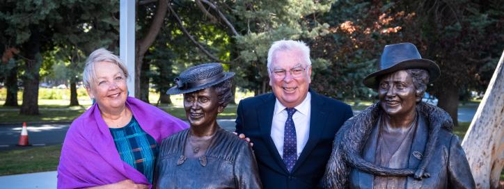 Former NCA Chief Executive Ms Sally Barnes and NCA Chair Mr Terry Weber at the unveiling of the Dame Dorothy Tangney and Dame Enid Lyons Sculpture on International Women’s Day 2023. Credit: NCA