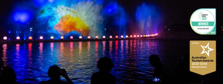 Picture of Australia projected onto the water screen during the Lights on the Lake Event  2023