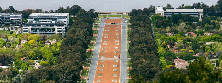 Anzac Parade as seen from Mount Ainslie, with green trees flanking each side