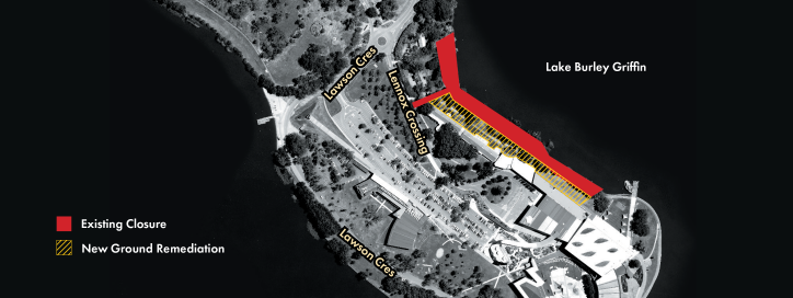 Map of Acton Peninsula with areas affected by asbestos remediation marked in red and yellow