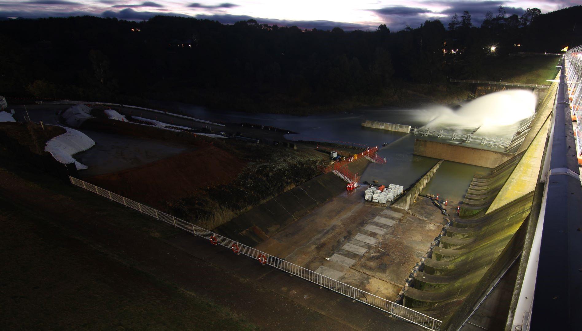 This image shows a water release occurring overnight at Scrivener Dam