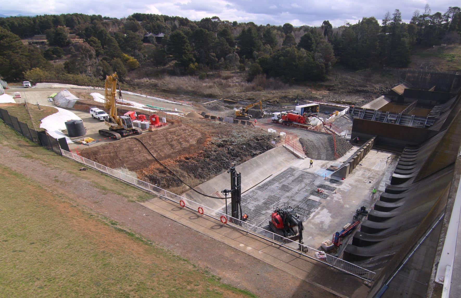 This image shows ground anchor test drilling at Scrivener Dam