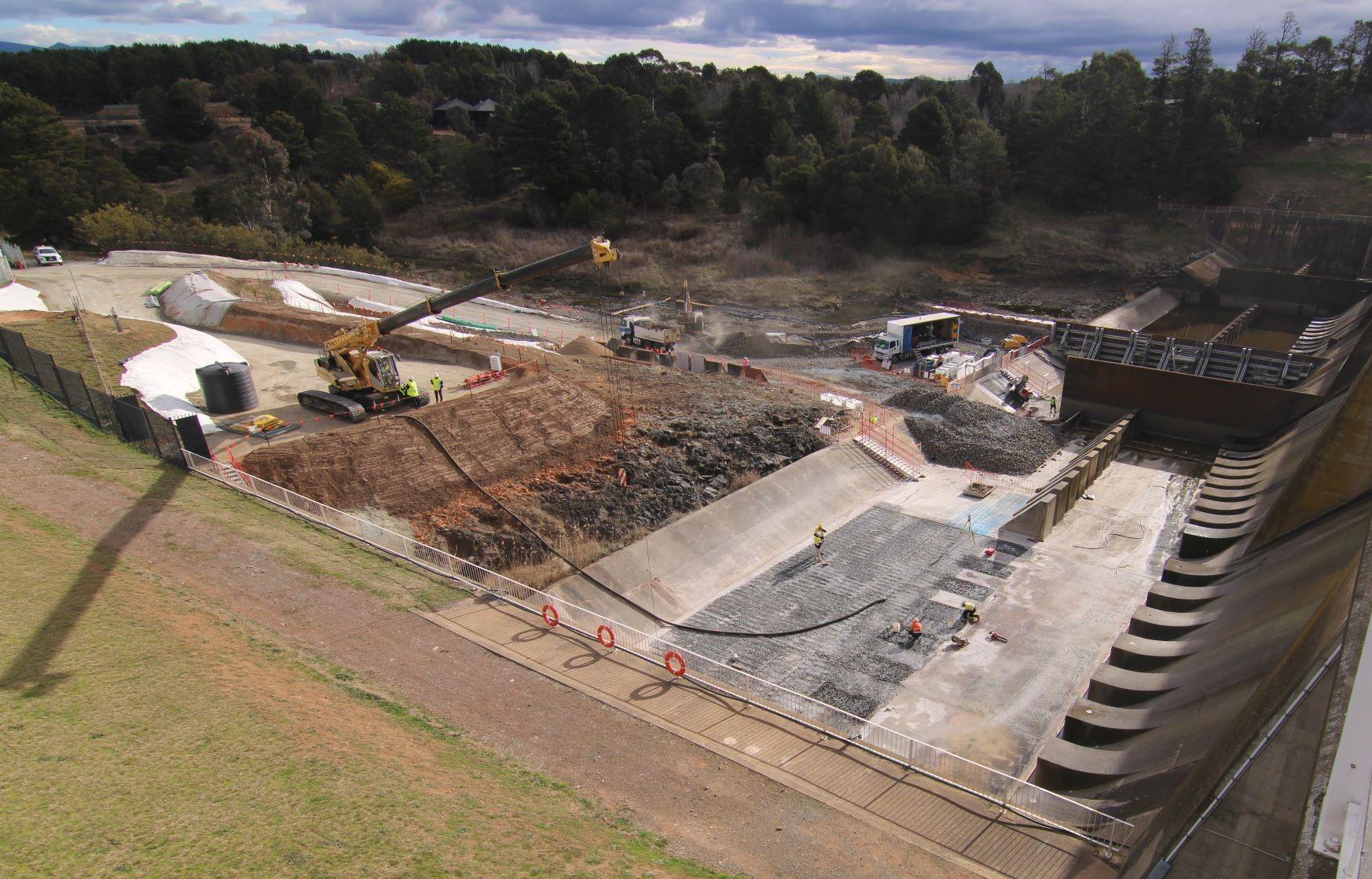 This image is an aerial shot showing works underway in the base of Scrivener Dam
