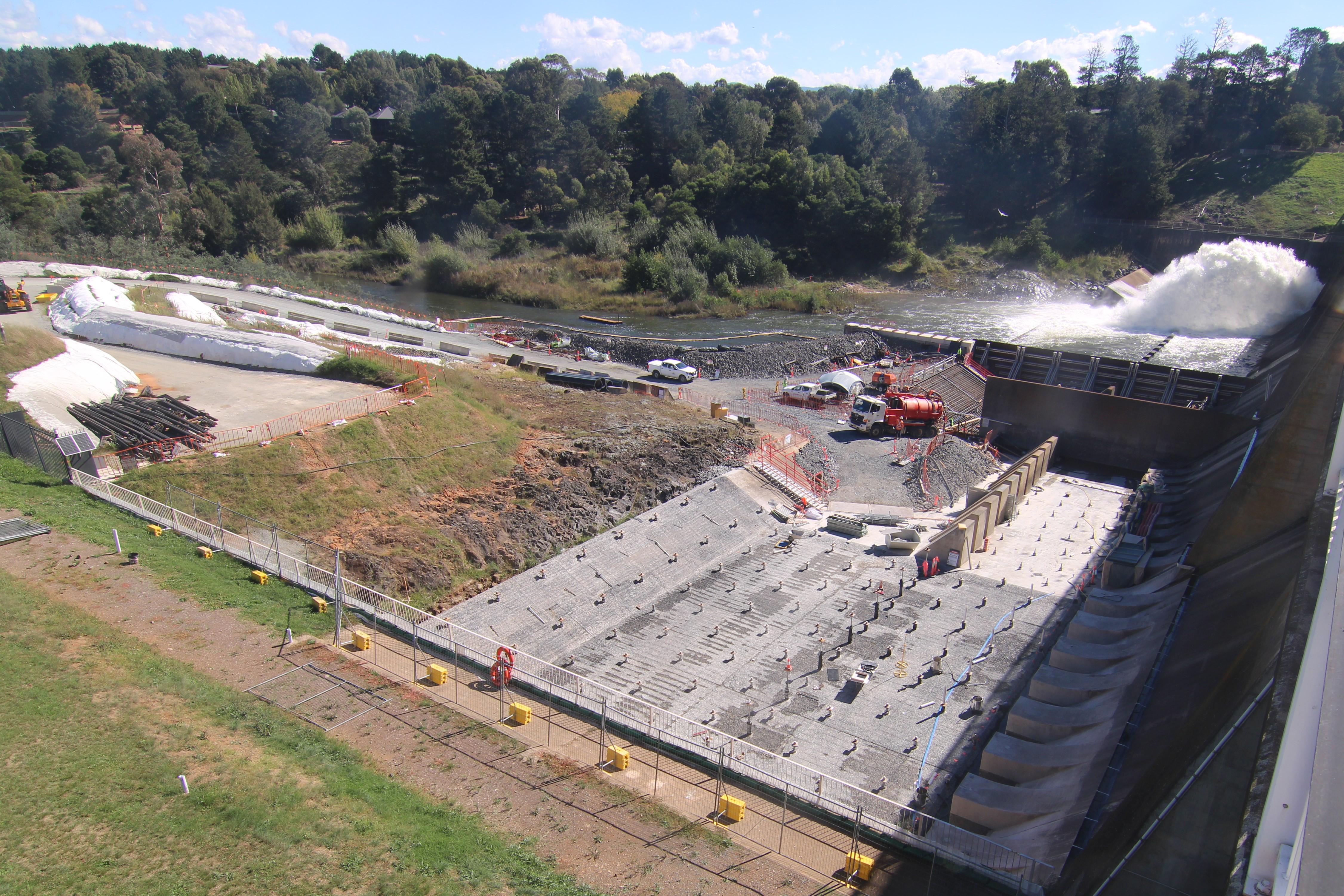 This image shows a water release underway as works continue on the dissipator strengthening project.
