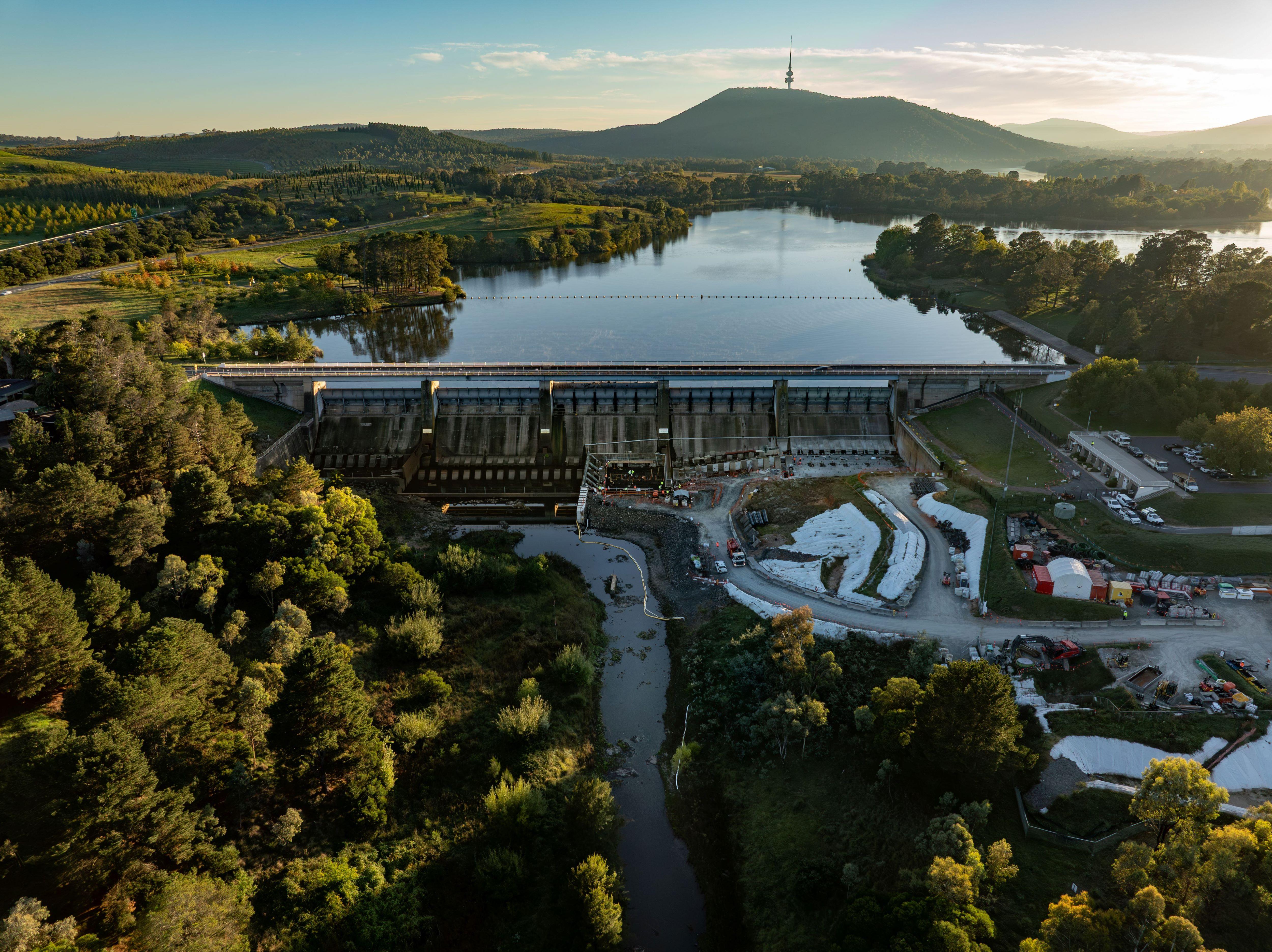 Drone image of Scrivener Dam looking out towards Telstra Tower.