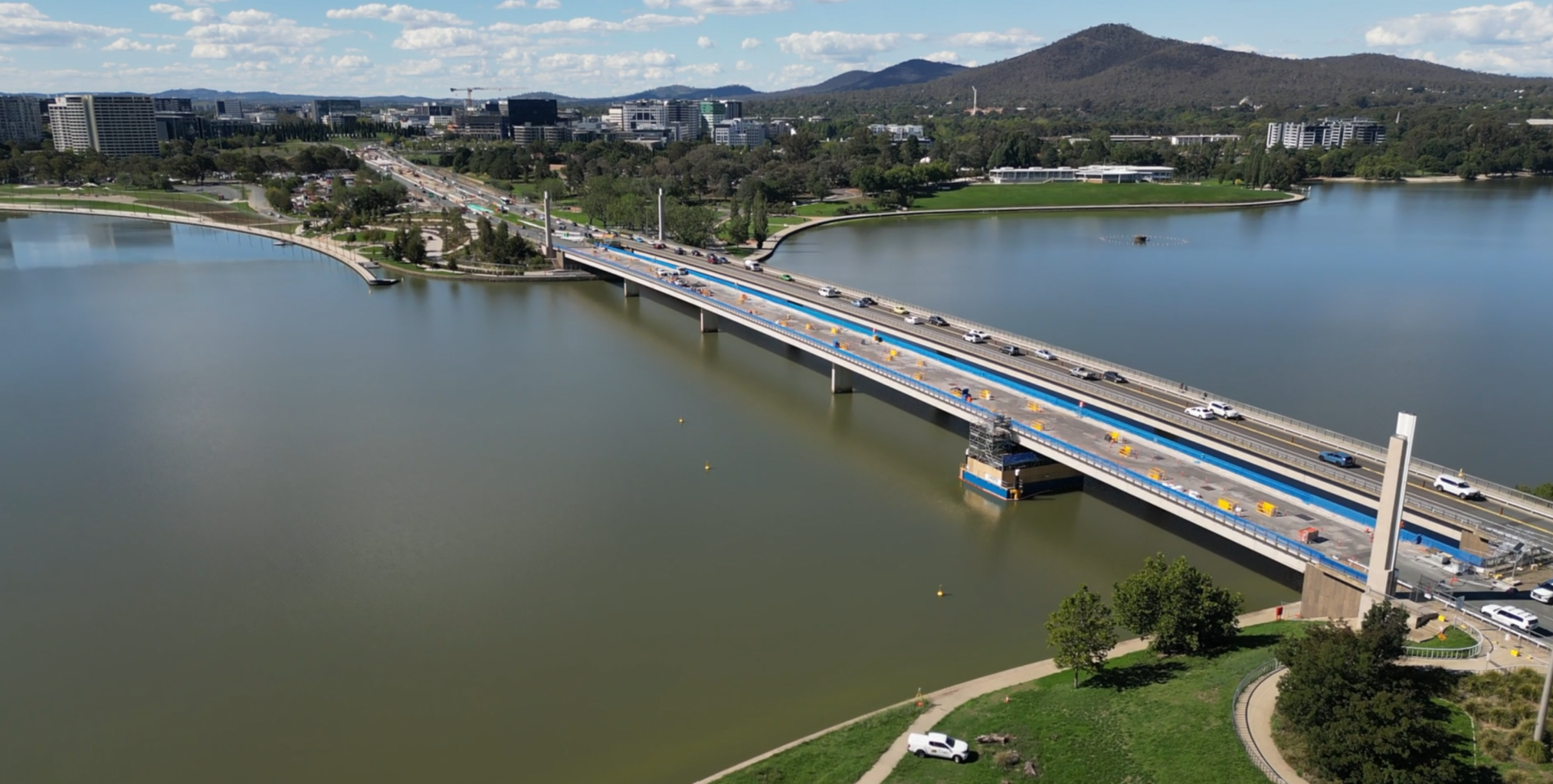 Drone image of works underway on the Commonwealth Avenue Bridge Renewal.