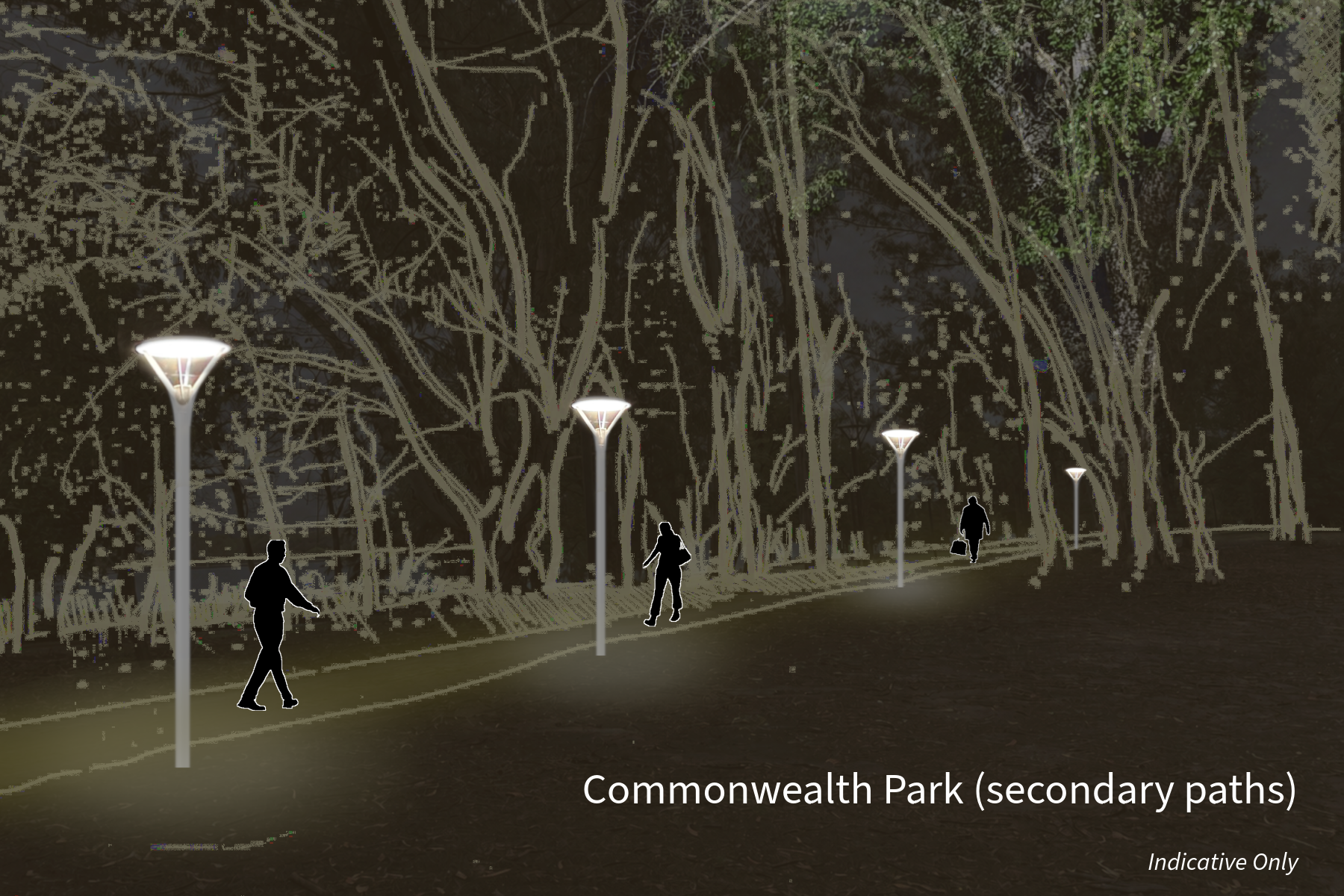 This image is an indicative artist impression showing the effect of improved and permanent lighting on the secondary paths within Comm Park