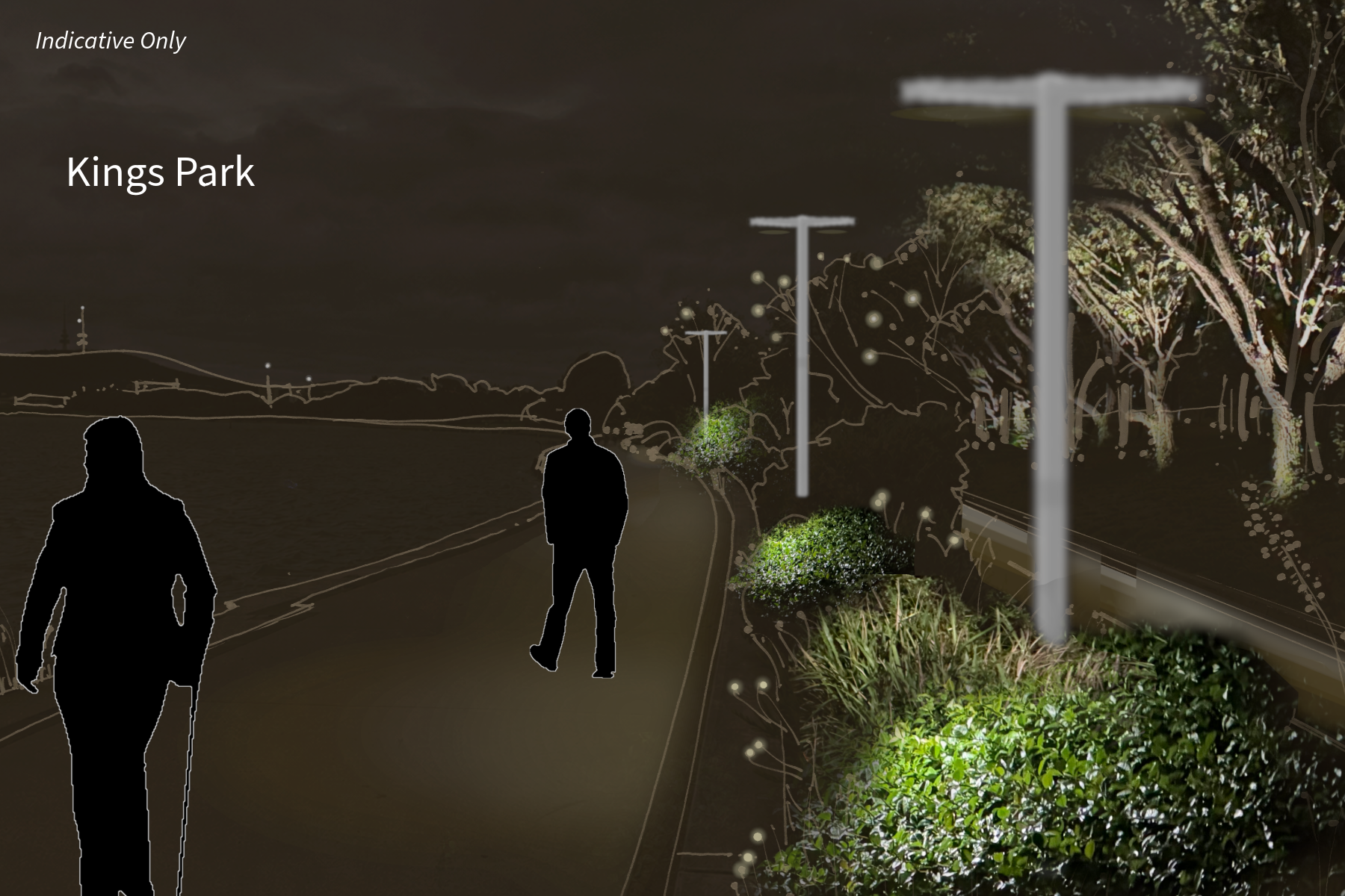 This image is an indicative artist impression showing the effect of improved and permanent lighting through the foreshore area of Kings Park