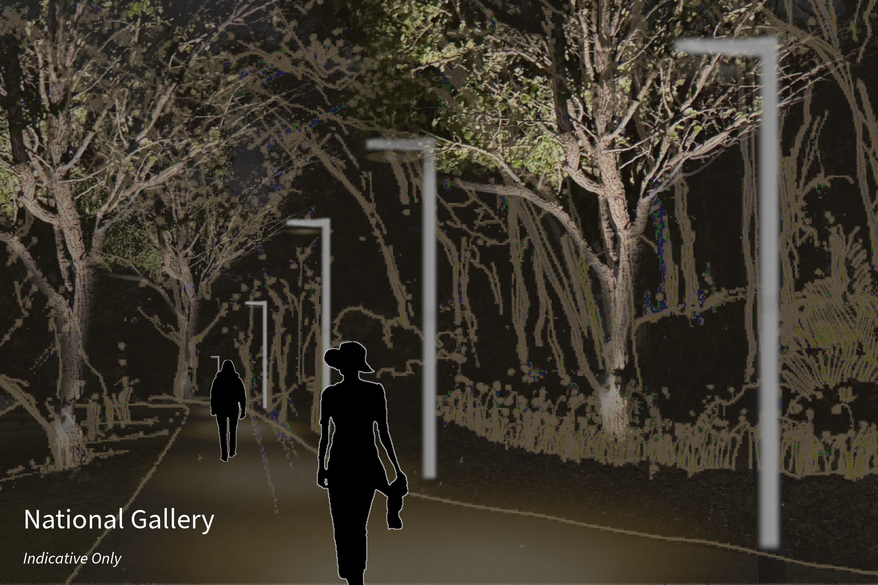 This image is an indicative artist impression showing the effect of improved and permanent lighting along the foreshore in front of the National Gallery