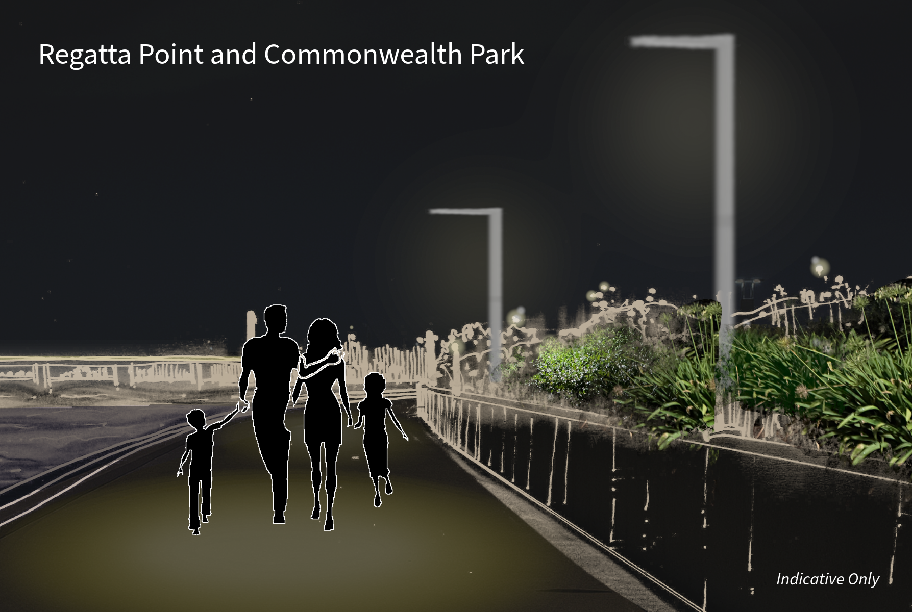 This image is an indicative artist impression showing the effect of improved and permanent lighting along the foreshore area of Regatta Point