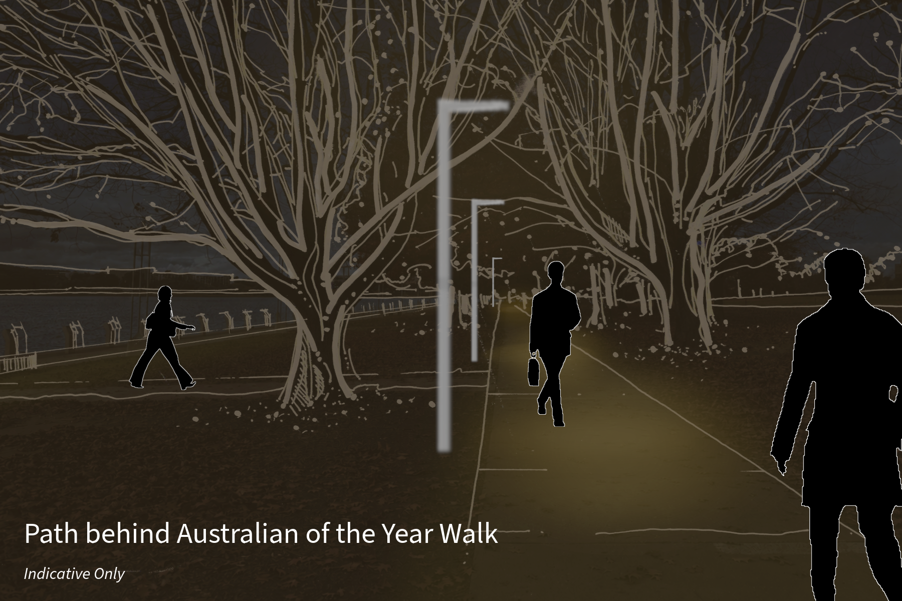 This image is an indicative artist impression showing the effect of improved and permanent lighting on the path behind the Australian of the Year Walk
