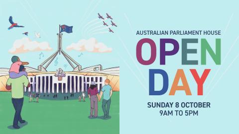 People are walking towards Australian Parliament House. Colourful native birds and airplanes fly above. Music notes float in the air