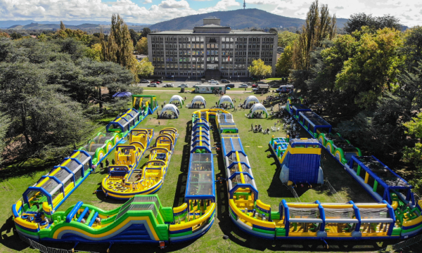 A birds-eye perspective of a large inflatable course