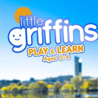 Little Griffins Logo with Play and Learn Ages 0-4 text, image of wattle made from craft materials with National Carillon in the background