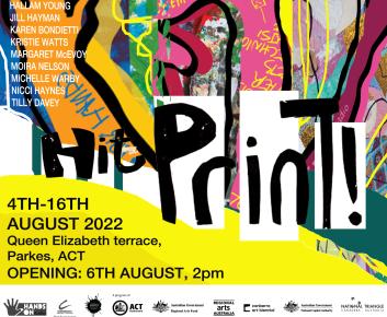 Colourful abstract art featuring the event title "HIT PRINT" and event details.