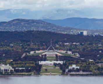 Landscape view of Parliament House in Canberra, Australian Capital Territory.