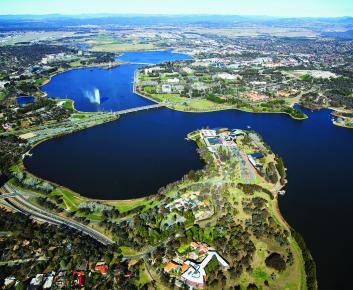 Aerial view of section of the National Triangle land and Lake Burley Griffin
