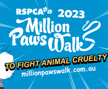 RSPCA Million Paws Walk 2023 Promotional Banner featuring a happy dog and text saying - Walk This May to fight animal cruelty millionpawswalk.com.au Proudly Supported by Royal Canin