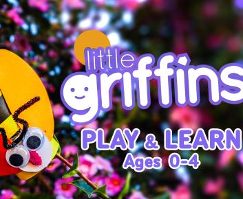 Little Griffins Logo with Play and Learn Ages 0-4 text. Image of bee amongst flowers, the bee is made from craft materials