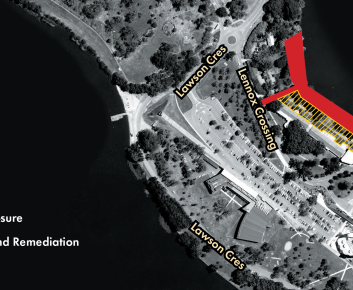 Map of Acton Peninsula with areas affected by asbestos remediation marked in red and yellow