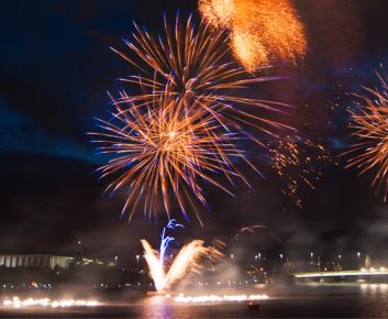 Fireworks over Lake Burley Griffin with the National Library and Commonwealth Bridge in the background. Fireworks over Lake Burley Griffin with the National Library and Commonwealth Bridge in the background.