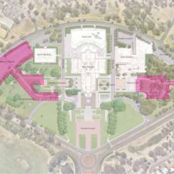 Aerial view of Australian War Memorial with areas highlighted to indicate location of planned works